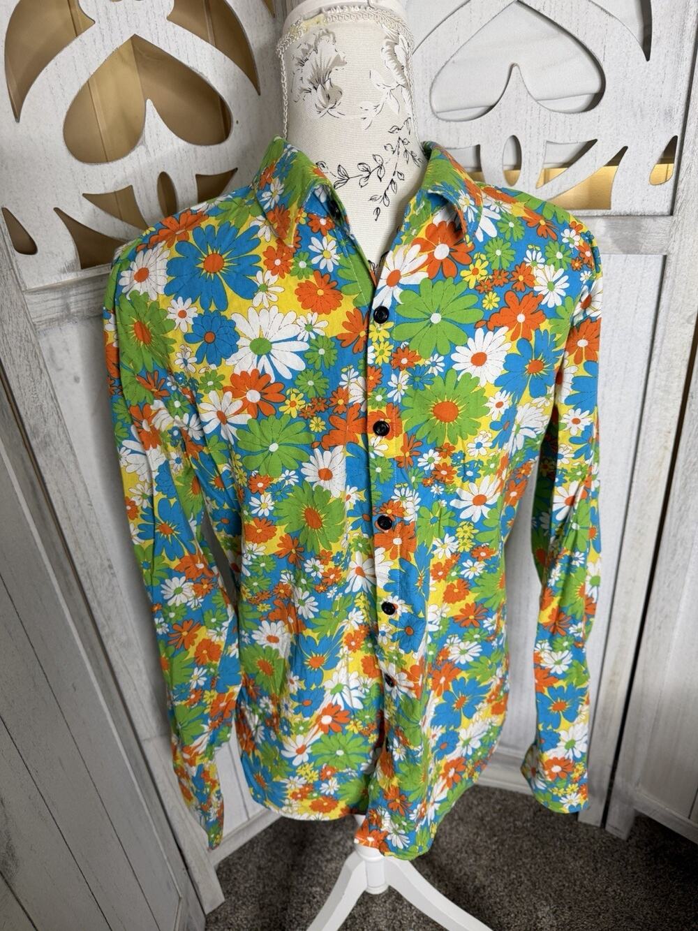 Jogal Button Up Shirt Hippe Retro Green Blue Orange Floral Men's Medium